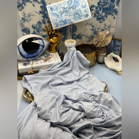 🆕 SIMKHAI 🧿 NWOT Acacia Draped Ruched Jersey Midi Dress, Blue Haze - Sz L - Picture 12 of 15